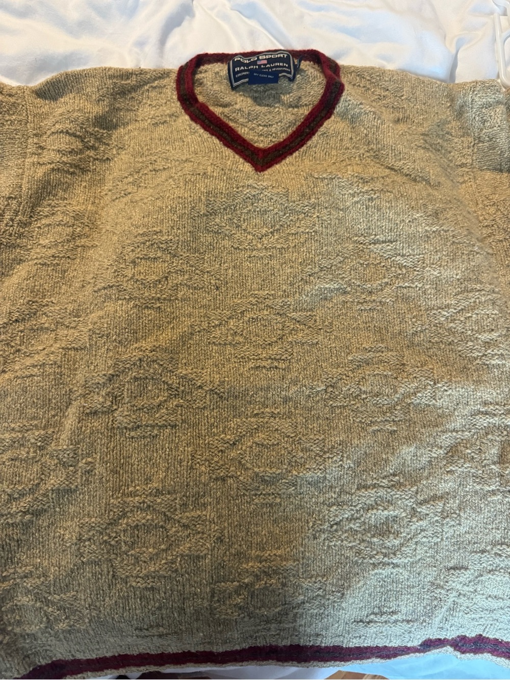Ralph Lauren Men’s Tan V-Neck Sweater with Burgundy Trim